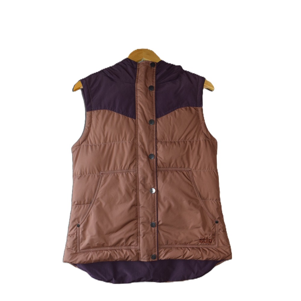 Stio Hooded Puffer Vest Women Brown Purple Colorblock Quilted Insulated EXCL